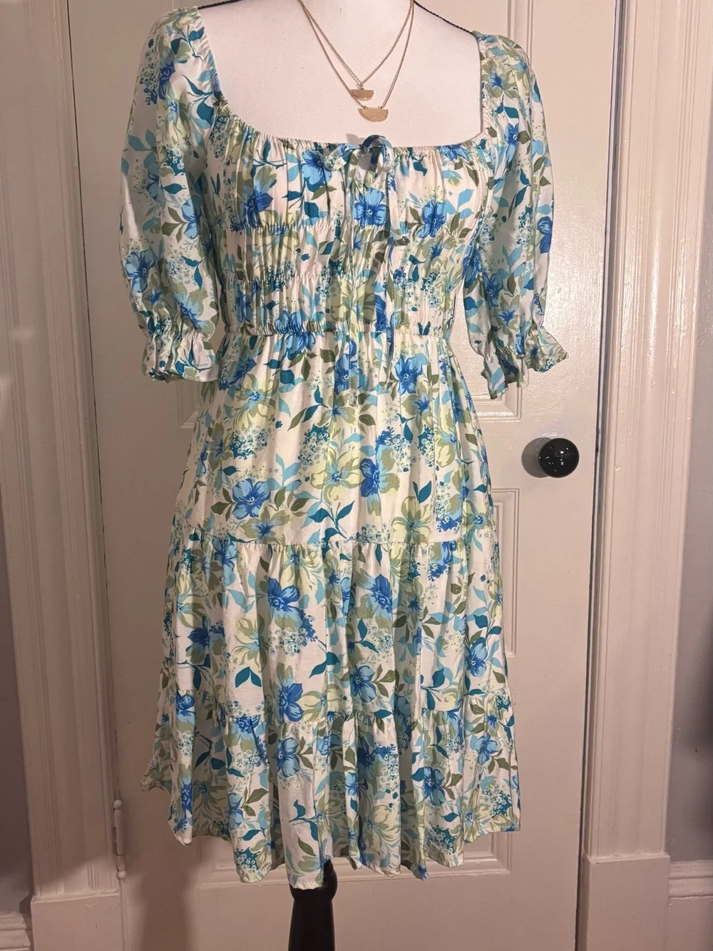 Smocked Square-Neck Mini Dress in Blue Floral - Picture 2 of 8